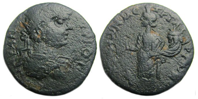 Caracalla Ae : Peltae Phrygia : Tyche standing