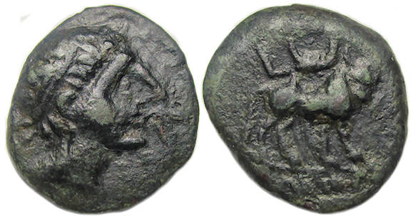 Castulo Spain Ae Semis : Male Head / Bull with Crescent Above