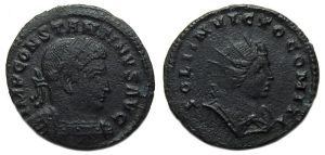 Constantine I Ae Follis : SOLI INVICTO COMITI : Bust of Sol