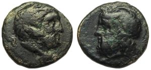 Gela Sicily Ae Tetras : Bust of Herakles / Bust of Gelas