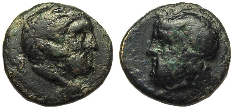Gela Sicily Ae Tetras : Bust of Herakles / Bust of Gelas