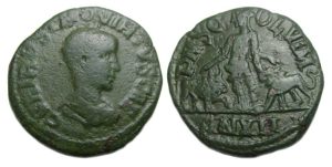 Hostilian Ae : Viminacium : Moesia with Lion and Bull