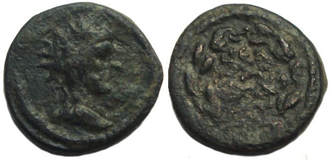 Peltae Phrygia : Bust of Helios / City Name in Wreath