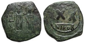 Phocas with Leontia Ae Half Follis : Nikomedia : Scarce Type