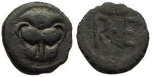 Bruttium Rhegion Ae : Facing Lion's Scalp / R - E