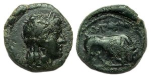 Sicily Tauromenion Æ Hemilitron : Apollo / Bull Butting