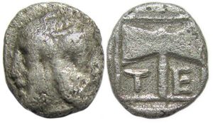 Tenedos, Islands off Troas : AR Obol : Janiform Head / Labrys
