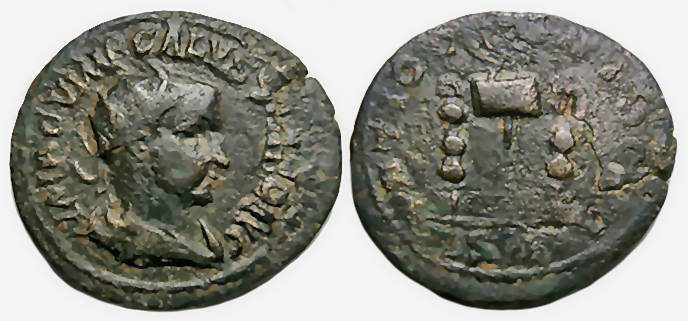 Volusian Ae : Antioch Pisidia : Legionary Eagle Between Standards